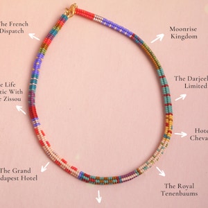 Inspired by wes anderson movies, colorful beaded handmade necklace, handwoven glass seed beads