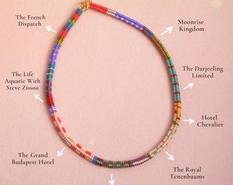 Inspired by wes anderson movies, colorful beaded handmade necklace, handwoven glass seed beads