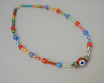 Handmade Beaded Evil Eye Necklace, Stylish Jewelry, Multicolor Seed Bead Necklace, Perfect Gift for Her