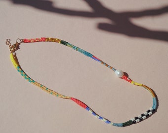 Boho Chic Handmade Beaded Necklace - Multicolor Accents Seed Bead Choker - With Freshwater Pearl - Christmas Gift Necklace Ideas