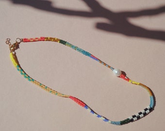 Boho chic handmade beaded necklace, Multicolor accents seed bead choker, With freshwater pearl, College graduation gift for her