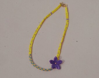 Yellow choker necklace for women beaded, Adjustable dainty purple floral choker, Handmade summer flower necklace, 21 birthday gift for her