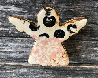 Handmade in Texas, unique, stoneware, clay, pottery, ceramic, glazed, patterned, holiday, one of a kind, angel, Christmas ornament, flowers