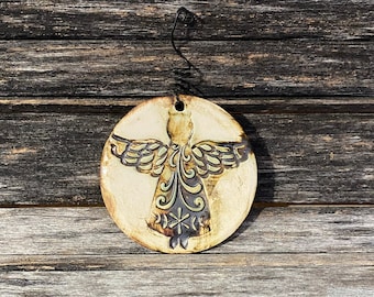 Handmade in Texas, unique, stoneware, clay, pottery, ceramic, glazed, patterned, one of a kind, angel, Christmas, ornament