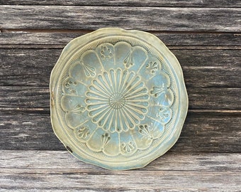 Handmade in Texas, hand formed, cake-plate, unique, stoneware, clay, pottery, ceramic, glazed, pattern, one of a kind, plate, blue,  crochet