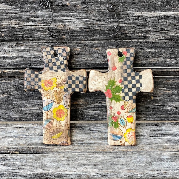 Handmade in Texas, unique, stoneware, clay, pottery, ceramic, glazed, patterned, leaves, one of a kind, cross, Christmas ornament, flowers