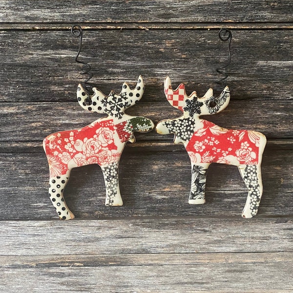 Handmade in Texas, unique, stoneware, clay, pottery, ceramic, glazed, patterned, leaves, one of a kind, moose, Christmas ornament, flowers