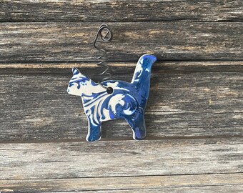 Handmade in Texas, unique, stoneware, clay, pottery, ceramic, glazed, patterned, leaves, one of a kind, cat, Christmas ornament, flowers