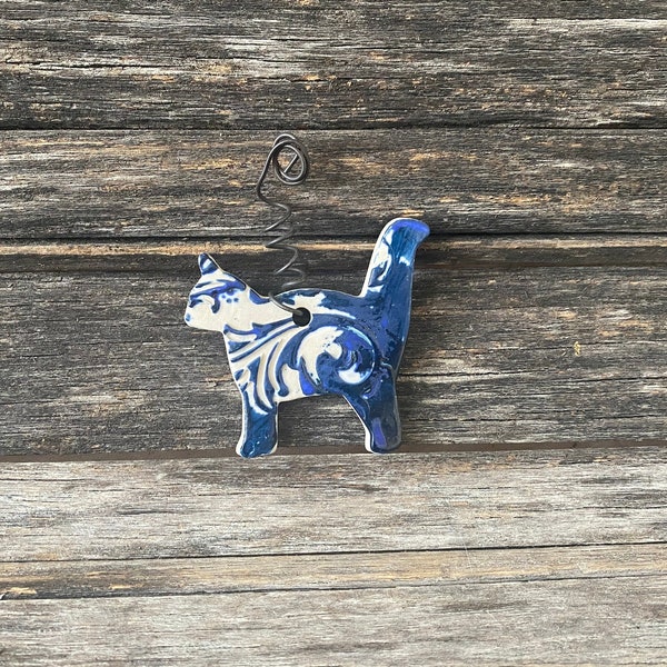 Handmade in Texas, unique, stoneware, clay, pottery, ceramic, glazed, patterned, leaves, one of a kind, cat, Christmas ornament, flowers