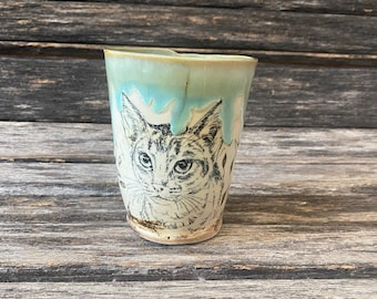 Handmade in Texas, Tumbler, Teacup, Coffee Cup, Wine Mug, Sipper, Hand Formed, Unique, One of a Kind, Rustic, Pottery, Glazed, cat, green