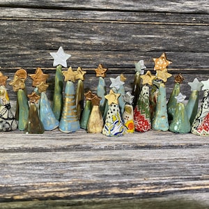 Handmade in Texas, unique, stoneware, clay, pottery, ceramic, glazed, patterned, Christmas tree, one of a kind, tree, gold, silver, ornament