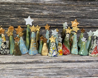 Handmade in Texas, unique, stoneware, clay, pottery, ceramic, glazed, patterned, Christmas tree, one of a kind, tree, gold, silver, ornament