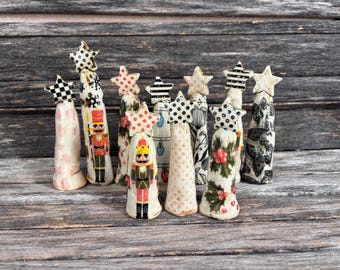 Handmade in Texas, unique, stoneware, clay, pottery, ceramic, glazed, patterned, Christmas tree, one of a kind, tree, gold, silver, ornament