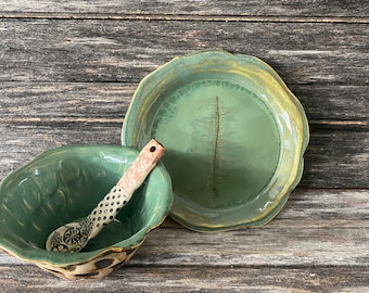 Handmade in Texas, hand formed, handmade, patterned, unique, clay, pottery, ceramic, salad plate, one of a kind, crochet, green, ferns