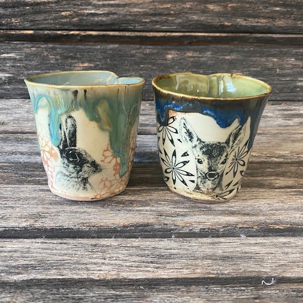 Handmade in Texas, hand formed, patterned, unique, clay, pottery, ceramic, glaze, one of a kind, whiskey tumbler, winemug, green tea, rabbit