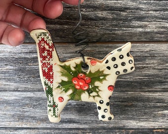 Cat, Handmade in Texas, unique, stoneware, clay, pottery, ceramic, glazed, patterned, leaves, one of a kind, Christmas ornament, flowers