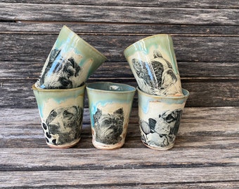 Handmade in Texas, Tumbler, Teacup, Coffee Cup, Wine Mug, Sipper, Hand Formed, Unique, One of a Kind, Rustic, Pottery, Glazed, dog, green