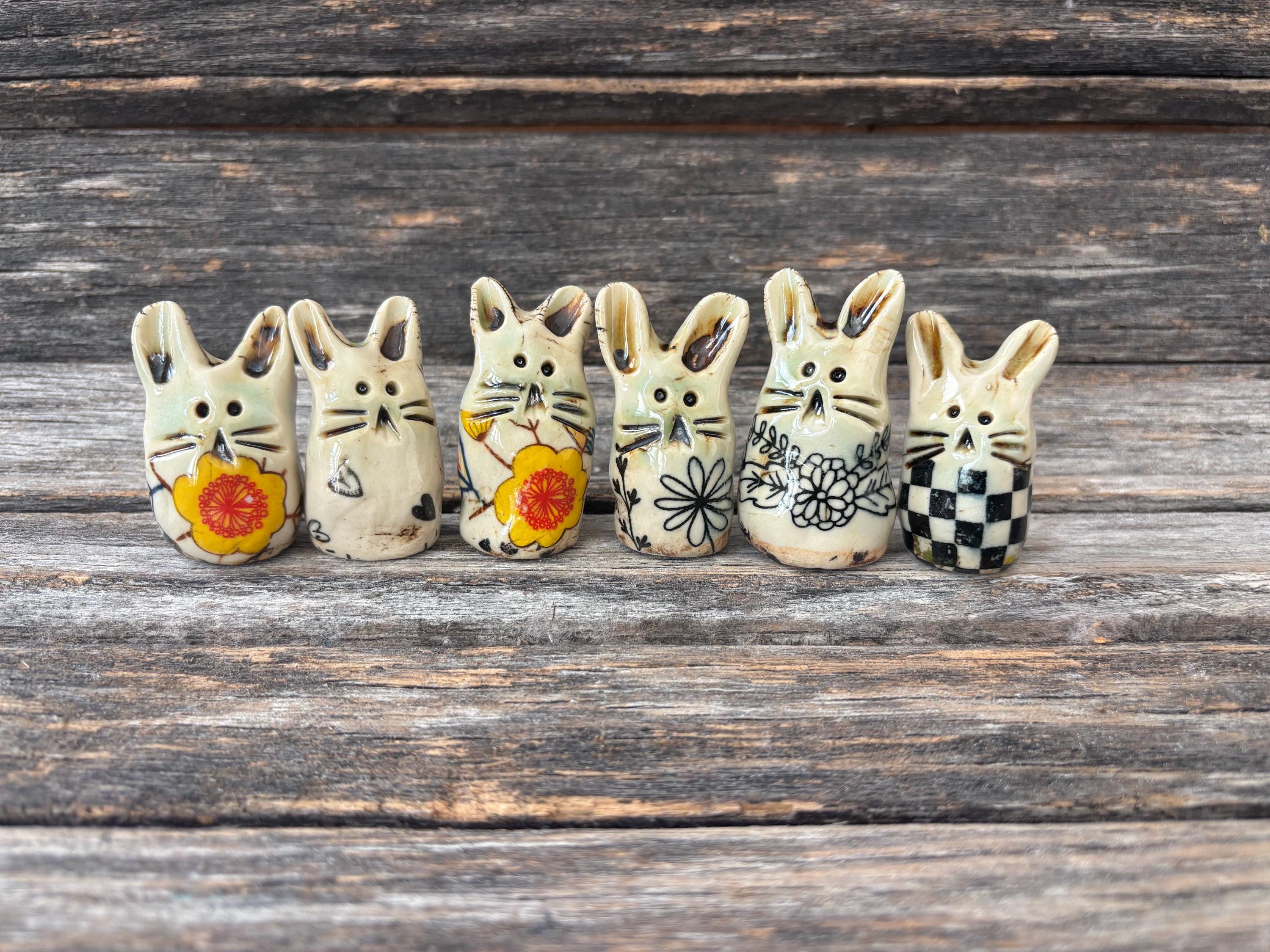 Handmade in Texas, unique, stoneware, clay, pottery, ceramic, glazed, patterned, Bunny, Flowers, one of a kind,  ornament, dots, Easter