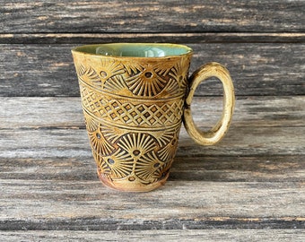 Handmade in Texas, hand formed, handmade, pattern, unique, stoneware, clay, pottery, ceramic, glazed, one of a kind, Mug, Teacup, Coffee cup