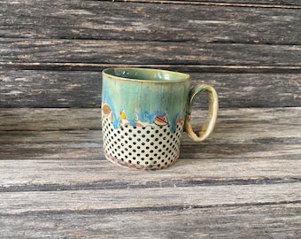 Handmade in Texas, hand formed, handmade, pattern, unique, stoneware, clay, pottery, ceramic, glazed, one of a kind, Mug, Coffee cup, dots
