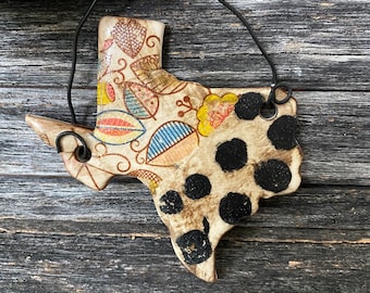 Handmade in Texas, unique, stoneware, clay, pottery, ceramic, glazed, patterned, flower, one of a kind, Texas,  Christmas ornament, flowers