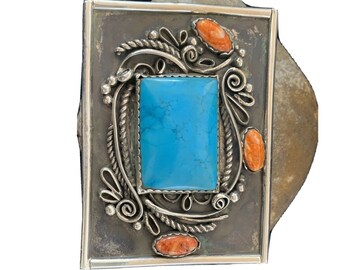 Navajo Native Blue Turquoise Spiny Oyster Sterling Silver Belt Buckle Concho 716