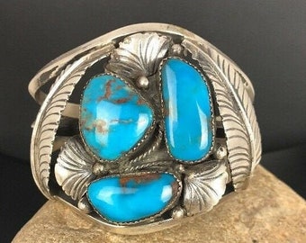 Old Pawn Navajo Sterling Silver Bisbee Turquoise Cuff Bracelet