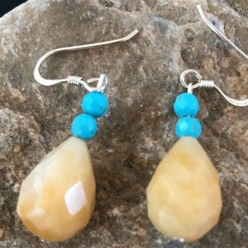 Shops Navajo Sterling Silver Turquoise Golden Jade Bead Dangle Drop Earrings