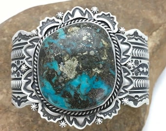 Stunning Navajo Sterling Silver Bisbee Turquoise Cuff Bracelet 1023