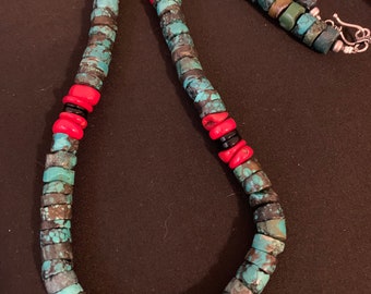 Navajo Native American Sterling Silver Heishi Turquoise Coral Necklace 21” 4757