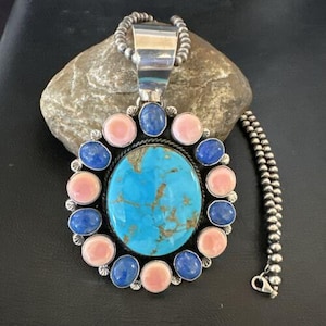 Navajo Multi-Stone Necklace | Lapis, Pink, Blue Turquoise | Sterling Silver | 17456