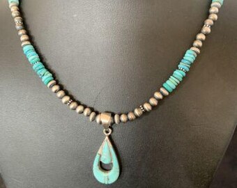 ナバホ パール ネックレス ブルー ターコイズ インレイ ペンダント