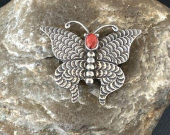 Navajo Butterfly Red Coral Pin Pendant | Sterling Silver | 1.25" | Authentic Native American Handmade | 15235