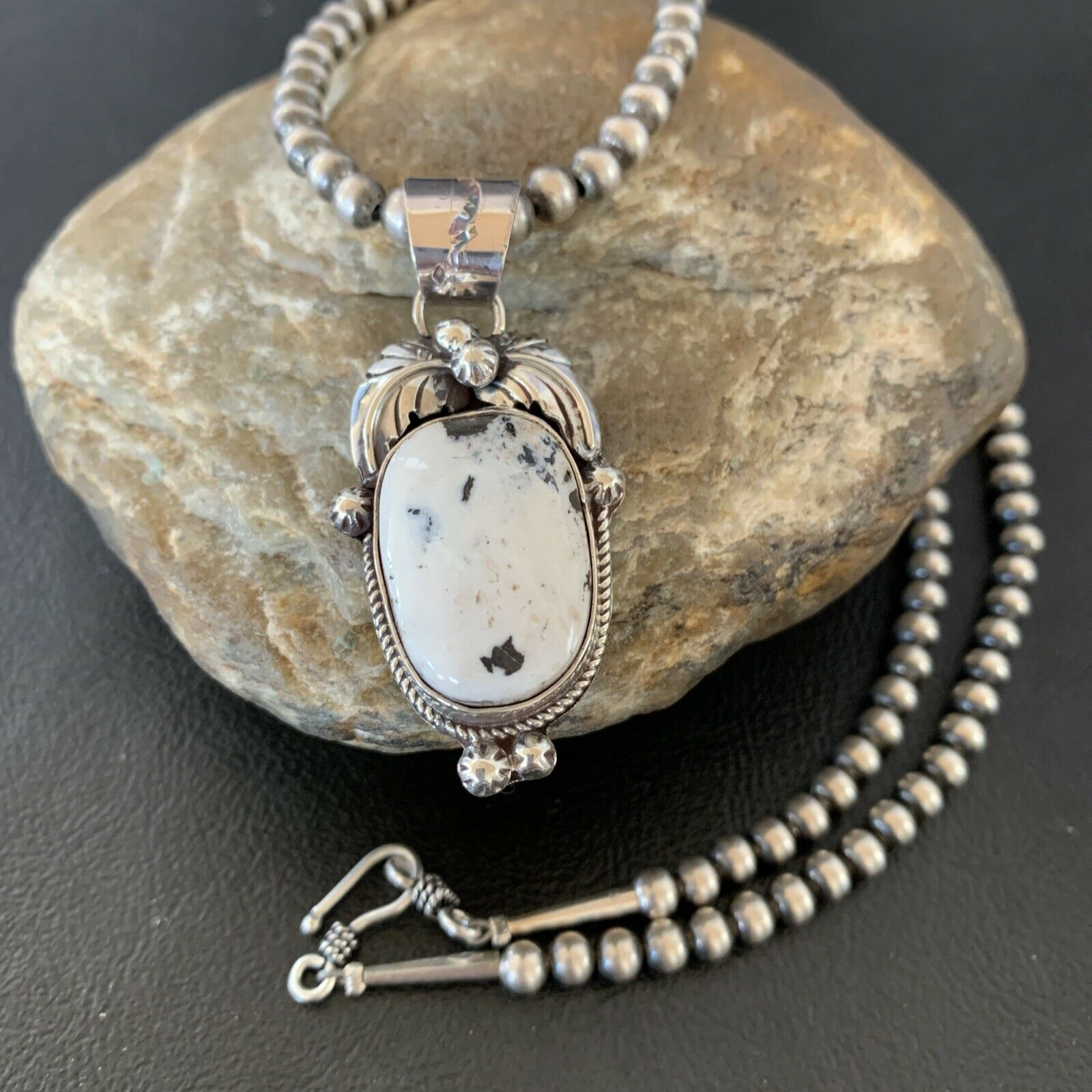 Navajo NA Sterling Silver White Buffalo Turquoise Necklace Pendant
