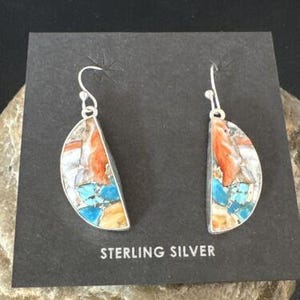 Navajo Blue Turquoise & Orange Spiny Oyster Inlay Dangle Earrings | Sterling Silver | 15584