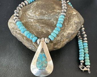 NAVAJO Art Platero ターコイズネックレス スパイダーウェブ ナバホ族 ブルースパイダーウェブターコイズインレイペンダント