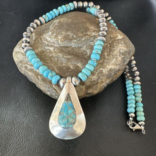 ナバホ族 ブルースパイダーウェブターコイズインレイペンダント