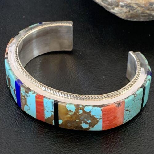 Men's Navajo Turquoise Spiny Lapis Inlay Bracelet Sterling