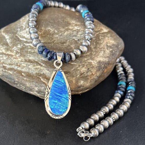Navajo Turquoise Lapis Necklace With Opal Pendant Sterling