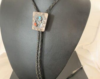 Navajo Turquoise Coral Bolo Tie | Sterling Silver | Authentic Native American Handmade | 02003 Bolo