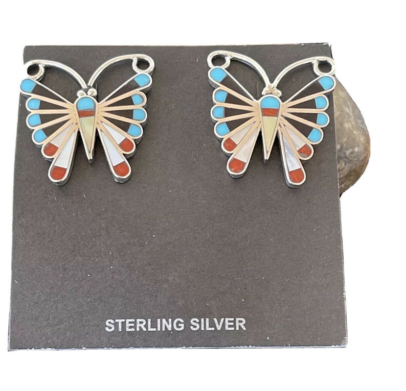 Zuni Native American Sterling Silver Inlay SB Turquoise Coral Mop Earrings 1085