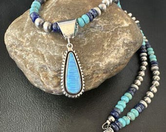 Opal Inlay Pendant Necklace with Turquoise and Lapis Sterling Silver Handmade Southwestern Gemstone Jewelry Gift for Her 16849
