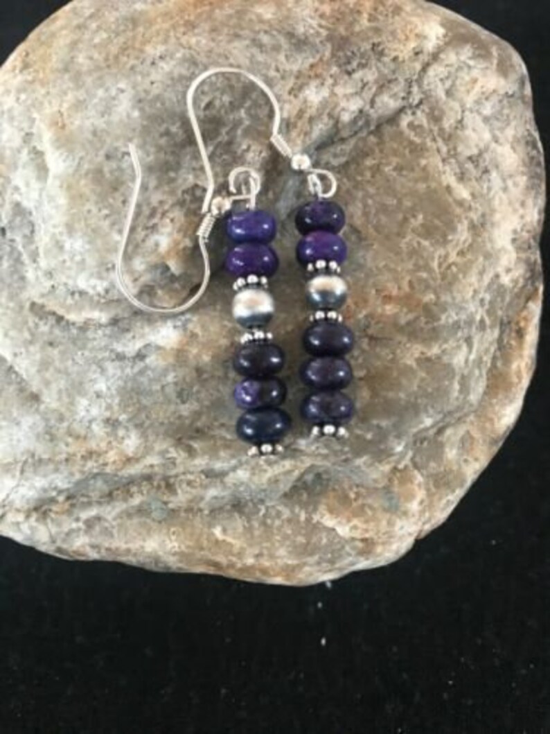 Native Amer  Navajo Purple Sugilite Sterling Silver Dangle Bead Earrings 1"Gift 