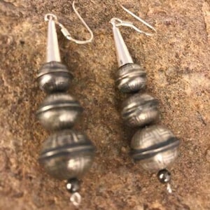 Navajo Sterling Silver Handmade Pearls Earrings | 1.5&quot; | 10201 | Navajo Pearls Earrings | Handmade Beaded Earrings |Sterling Silver Earrings