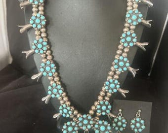 Ultra Rare Old Pawn Kingman Turquoise Squash Blossom Jewelry Set Sterling Silver Navajo Handmade Necklace Bracelet Earrings Pendant 15921