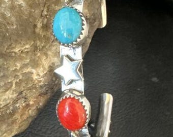 Fourth July Blue Turquoise Coral Mother Of Pearl Navajo Sterling Silver Cuff Bracelet 15338