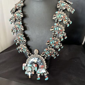 XXL Turquoise Onyx Kokopelli Inlay Squash Blossom Necklace | Sterling Silver Squash Blossom Necklace | Turquoise Squash Necklace | 16177