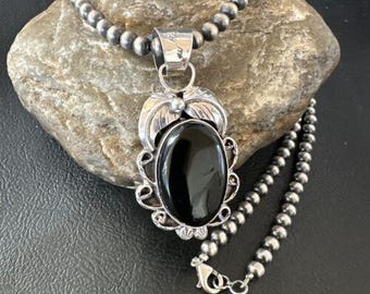 Collar con colgante de ónix negro y perlas de plata de ley, joyería artesanal del suroeste, collar llamativo con piedras preciosas, regalo 16524