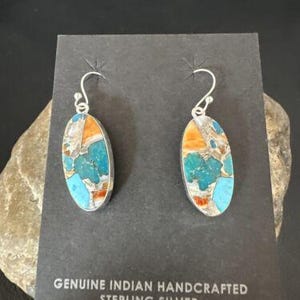 Navajo Blue Turquoise & Orange Spiny Oyster Inlay Dangle Earrings | Sterling Silver | 15586