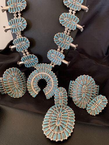 Navajo Blue Turquoise Squash Blossom Necklace | Sterling